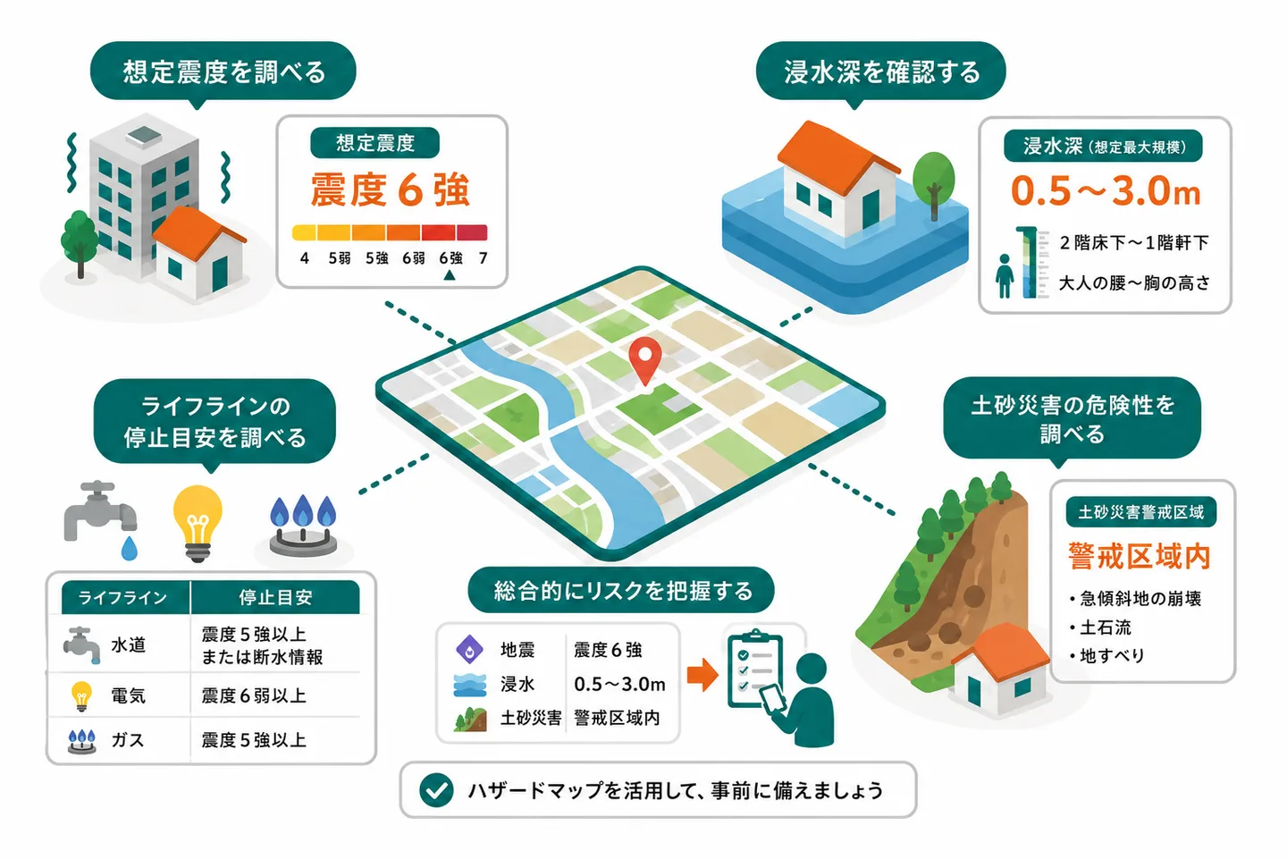 ハザードマップの活用手順：想定震度を調べる、浸水深を確認する、土砂災害の危険性を調べる、ライフラインの停止目安を調べる、総合的にリスクを把握する。