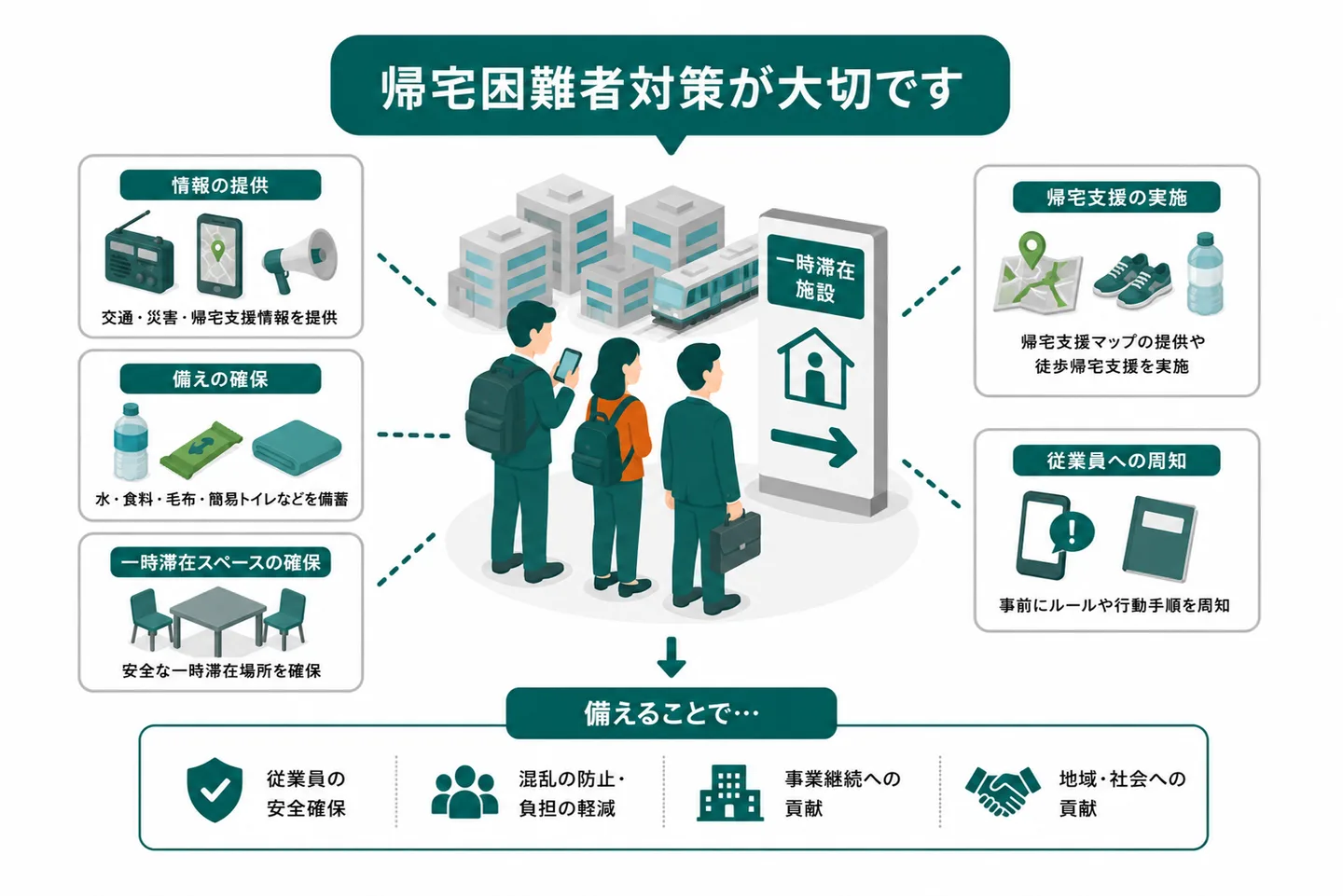 帰宅困難者への対策：従業員を事業所に留める判断基準、滞在スペースの確保、来客の滞在想定、帰宅ルールの事前決定、徒歩帰宅の個人備え。